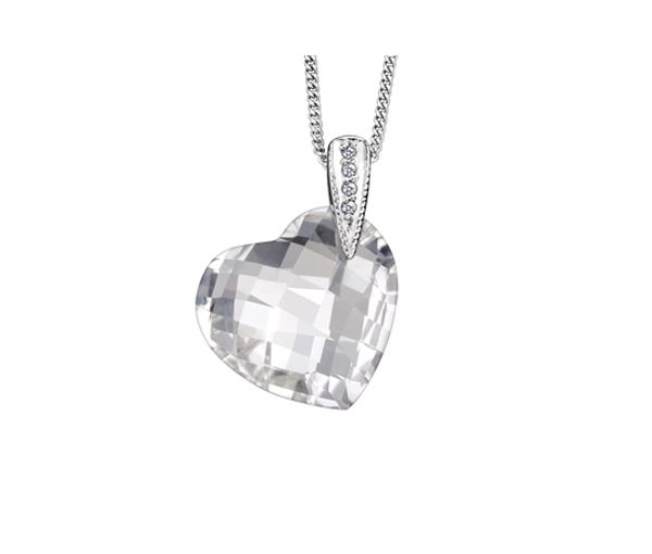 PENDENTIF COEUR DE QUARTZ BLANC EN OR BLANC SERTI DE DIAMANTS